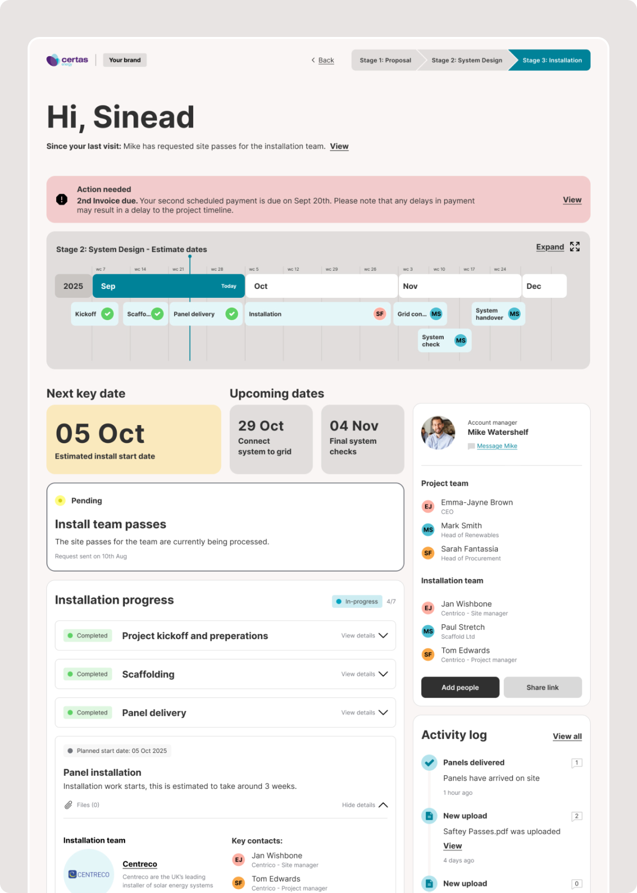 Certas commercial installation progress dashboard