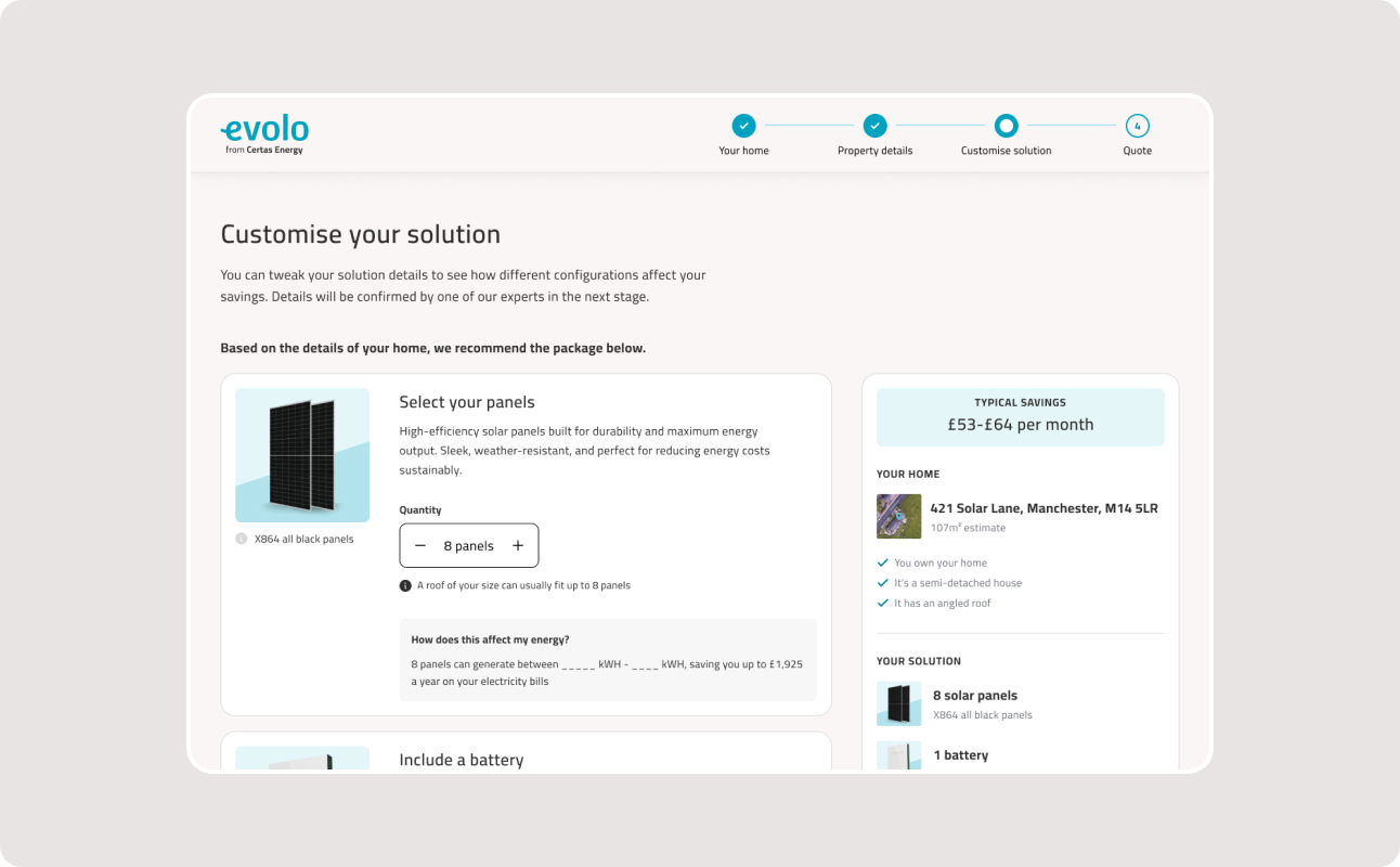 Evolo solution customisation screen