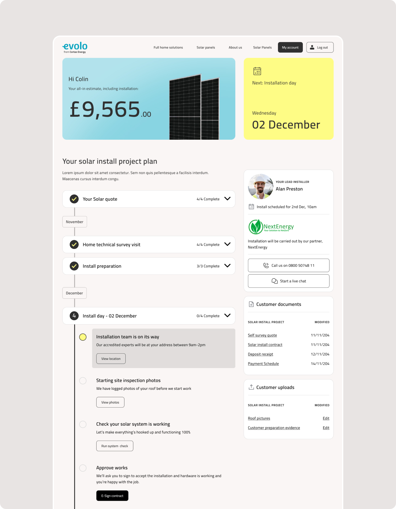 Evolo customer install project dashboard