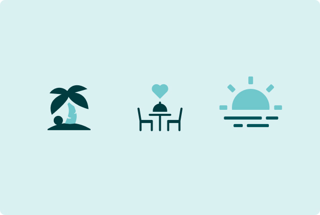 Holiday type icons for beach, dining and sunset villas