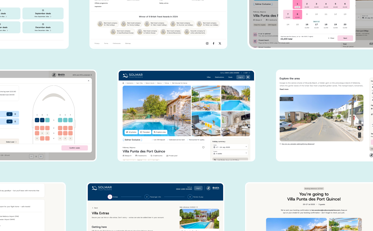 Solmar Villas villa detail page, booking flow and site footer