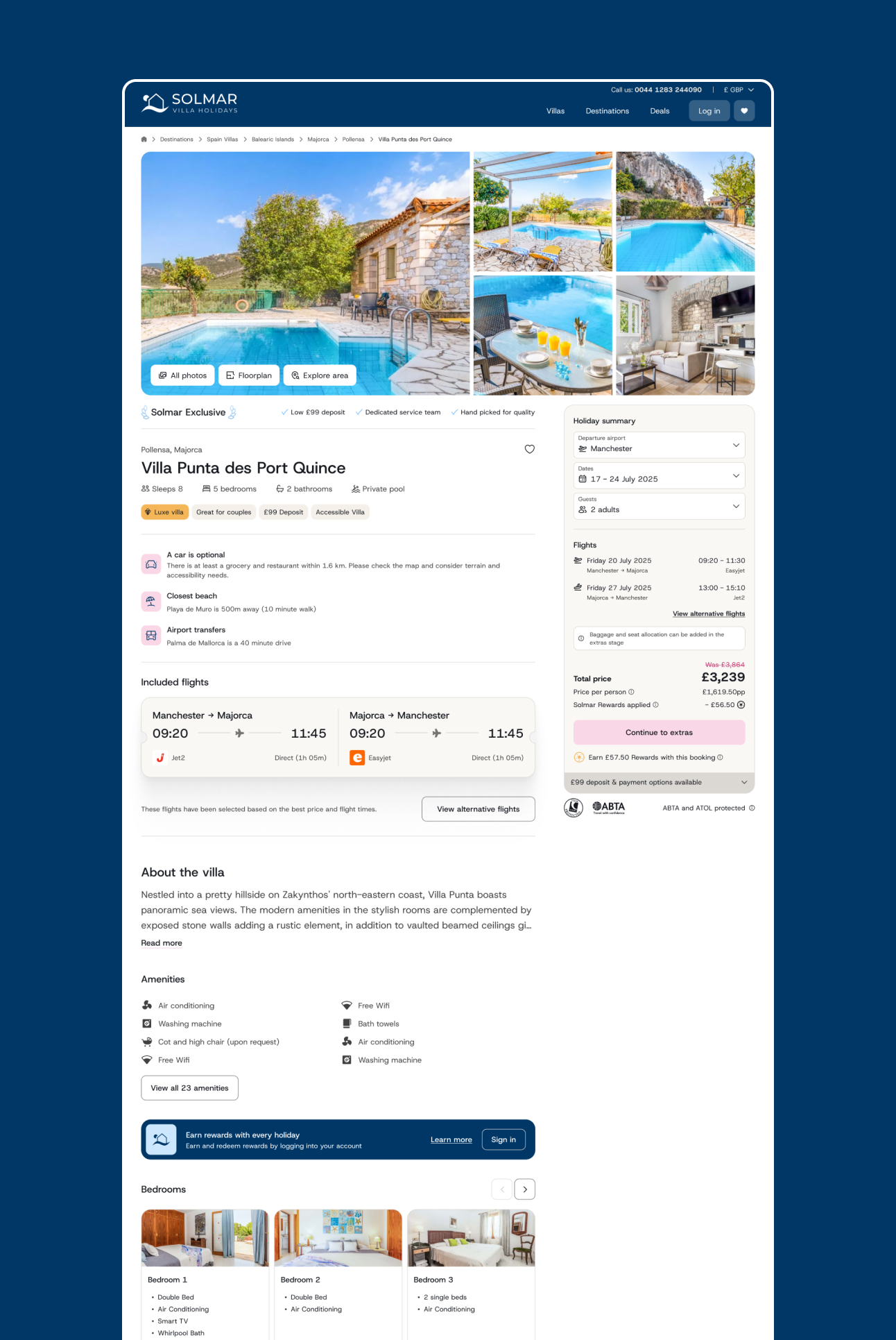 Solmar Villas villa detail page shown in full on desktop