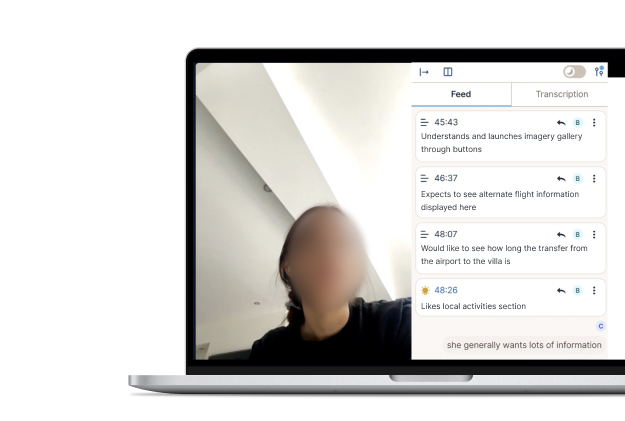 Recording of a user testing session with live feedback notes