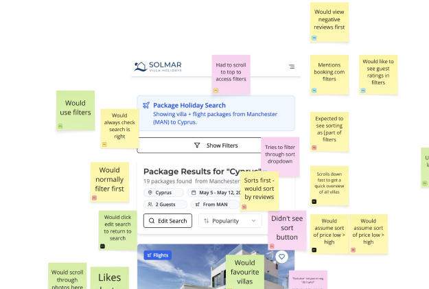 Package holiday search results annotated with user testing feedback