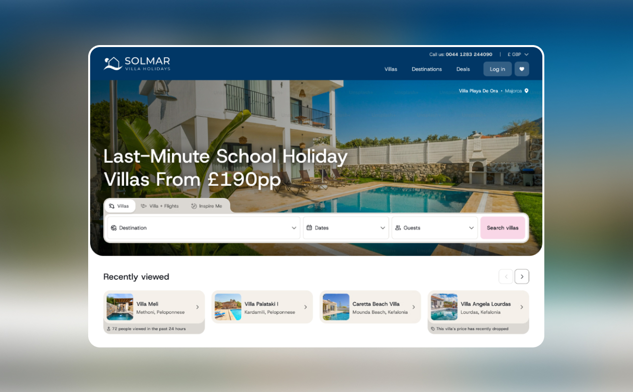 Solmar Villas homepage with last-minute holiday search