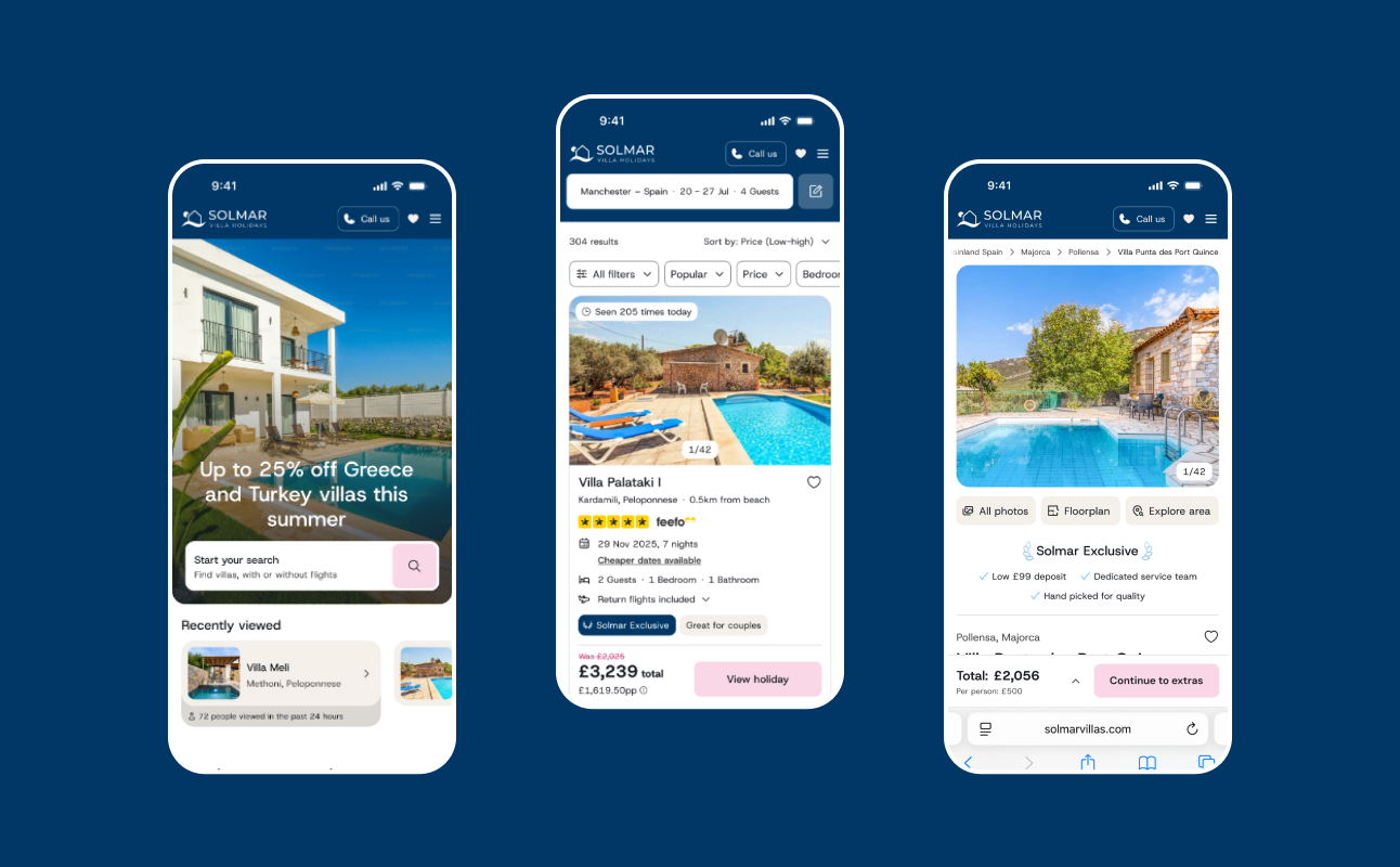 Solmar Villas mobile screens showing search results and villa listing