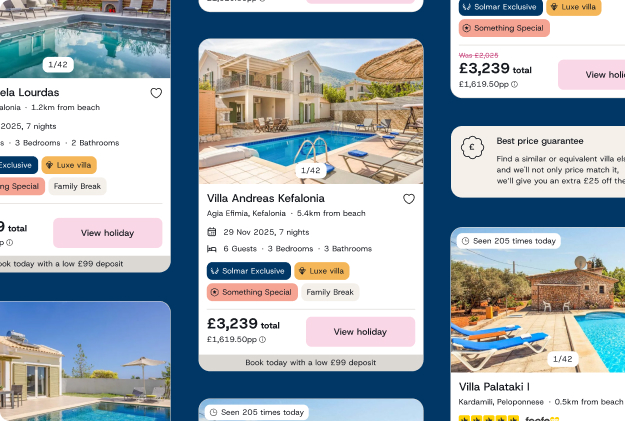 Solmar Villas villa listing cards on a mobile screen