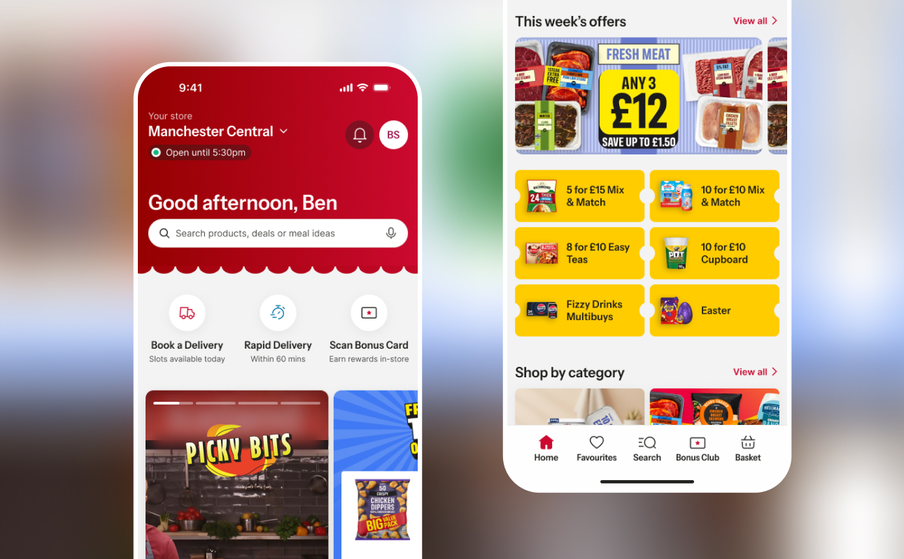 Grocery app homepage and this week's offers screen